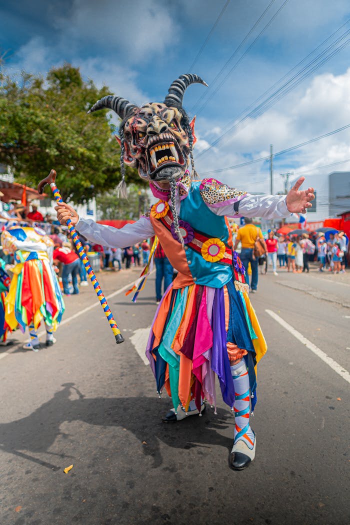 Vibrant street festival with colorful traditional costume in La Chorrera, Panama.